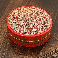 Papier mache decorative box, 'Kashmir Vermilion' - Red and Gold Hand Painted Decorative Box