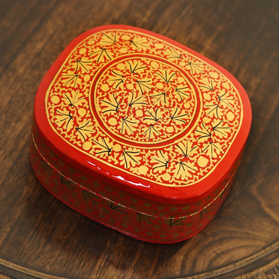 Papier mache decorative box, 'Kashmir Rendezvous' - Small Red and Gold Papier Mache Box