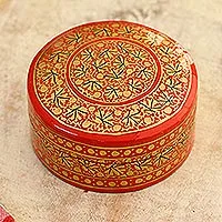 Papier mache decorative box, 'Kashmir Red' - Velvet-Lined Red and Gold Papier Mache Box