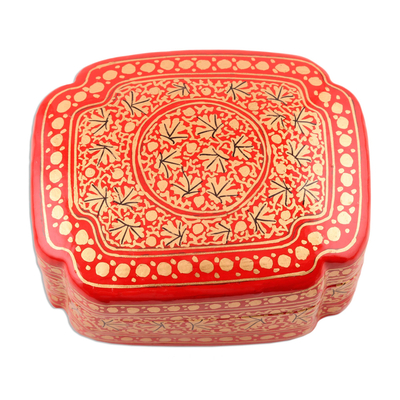 Papier mache decorative box, 'Kashmir Artistry' - Artisan Crafted Red and Gold Hand Painted Box