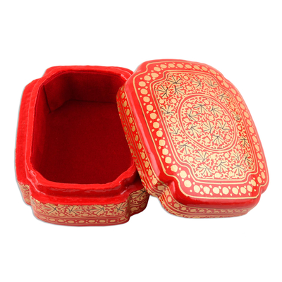 Papier mache decorative box, 'Kashmir Artistry' - Artisan Crafted Red and Gold Hand Painted Box