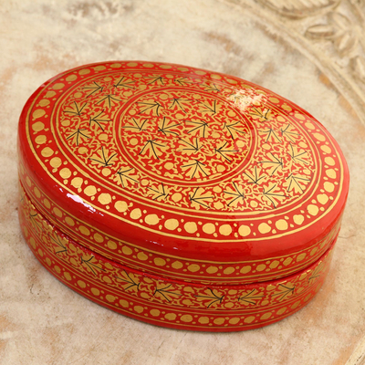 Papier mache decorative box, 'Kashmir Leaf' - Red and Gold Leaf Motif Decorative Box