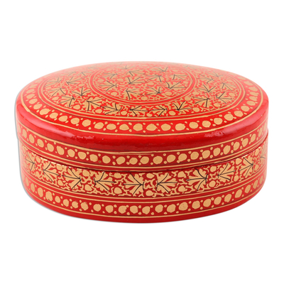 Papier mache decorative box, 'Kashmir Leaf' - Red and Gold Leaf Motif Decorative Box
