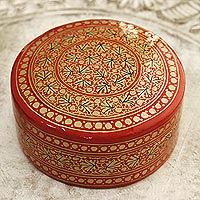 Papier mache decorative box, 'Kashmir Legacy' - Round Papier Mache and Wood Decorative Box