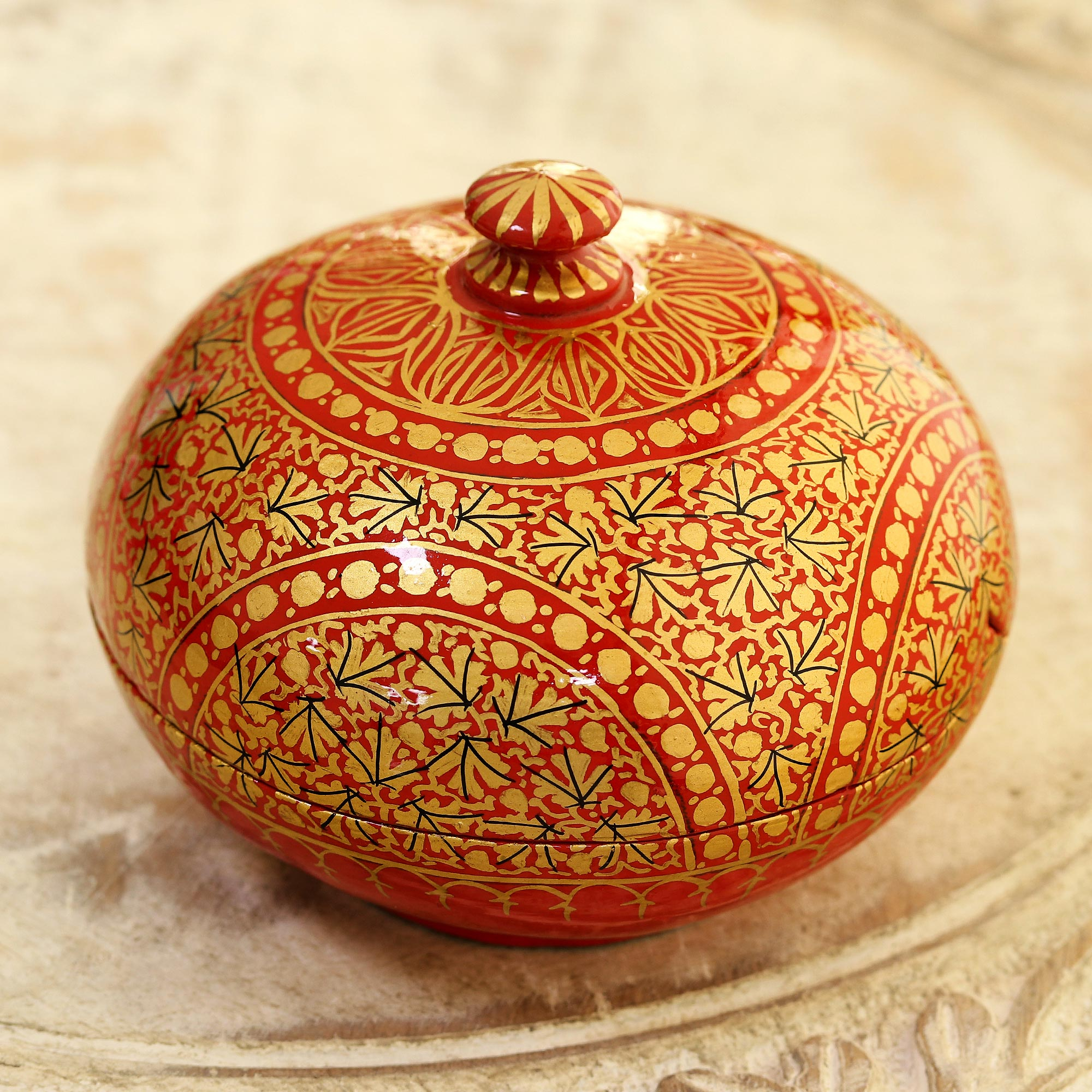 Handmade Red and Gold Papier Mache Box - Kashmir Ancestry | NOVICA Canada