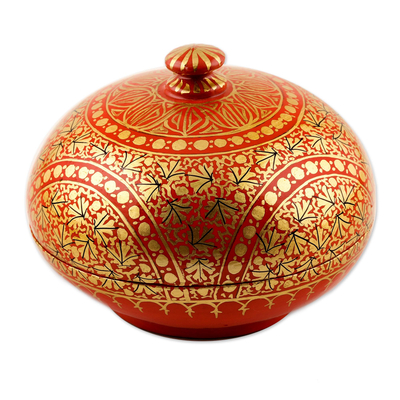 Caja decorativa de papel maché, 'Kashmir Ancestry' - Caja de papel maché roja y dorada hecha a mano
