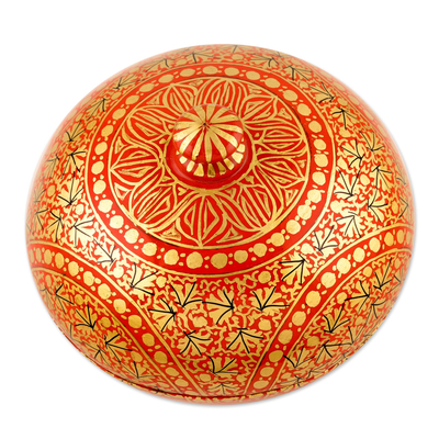 Papier mache decorative box, 'Kashmir Ancestry' - Handmade Red and Gold Papier Mache Box