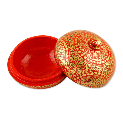 Papier mache decorative box, 'Kashmir Ancestry' - Handmade Red and Gold Papier Mache Box