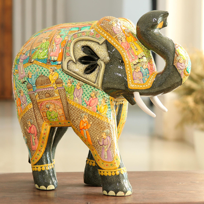 Escultura de madera y papel maché, (14 pulgadas) - Escultura de elefante de papel maché pintada a mano (14 pulgadas)