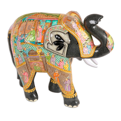 Wood and papier mache sculpture, 'Mughal Elephant' (14 inch) - Hand Painted Papier Mache Elephant Sculpture (14 Inch)