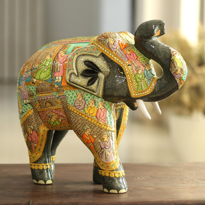 Wood and papier mache sculpture, 'Mughal Elephant' (11 inch) - Royal Elephant Papier Mache Sculpture (11 Inch)