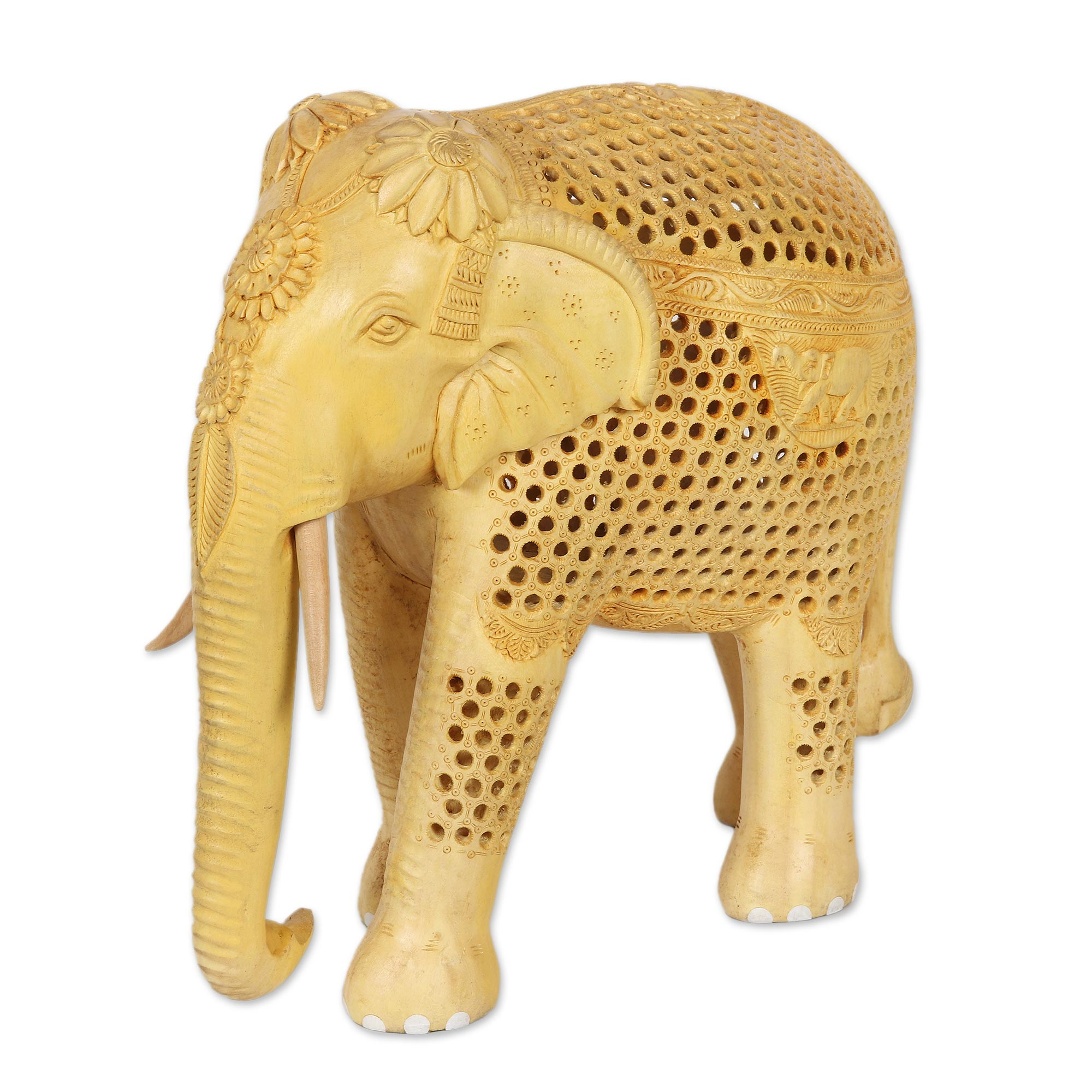 Hand Carved Wood Elephant Jali Sculpture - Imperial Elephant | NOVICA