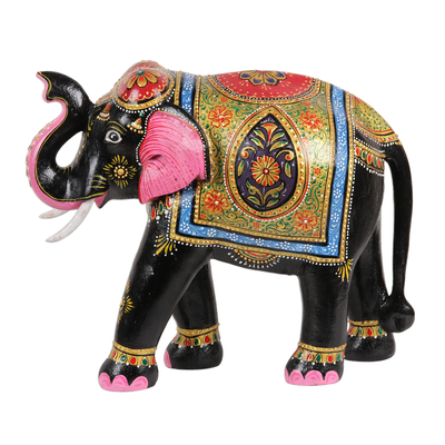 Escultura en madera - Colorida escultura de elefante pintada a mano de la India