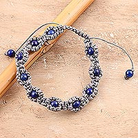 Lapis lazuli beaded bracelet, 'Macrame Halo'