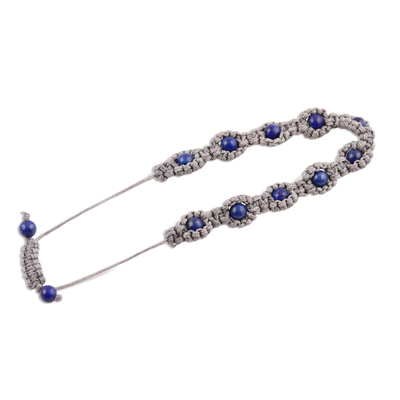 Lapis lazuli beaded bracelet, 'Macrame Halo' - Lapis Lazuli Macrame Hand-Knotted Bracelet from India