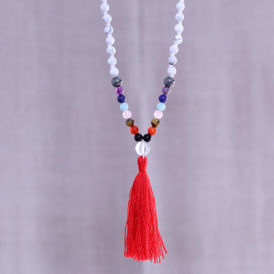 Multi-gemstone long pendant necklace, 'Fancy Red Tassel' - Long Gemstone Necklace with a Red Tassel Pendant