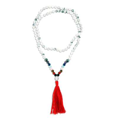 Multi-gemstone long pendant necklace, 'Fancy Red Tassel' - Long Gemstone Necklace with a Red Tassel Pendant