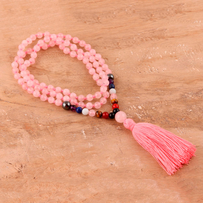 Multi-gemstone long pendant necklace, 'Fancy Pink Tassel' - Long Gemstone Necklace with a Pink Tassel Pendant