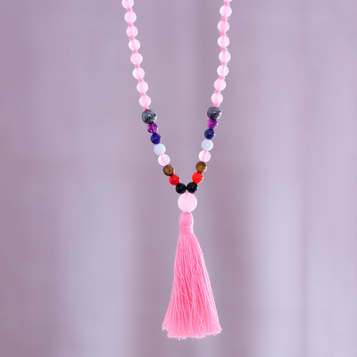 Multi-gemstone long pendant necklace, 'Fancy Pink Tassel' - Long Gemstone Necklace with a Pink Tassel Pendant