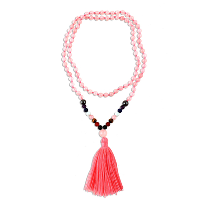 Lange Anhänger-Halskette mit mehreren Edelsteinen, 'Fancy Pink Quaste'. - Lange Edelstein-Halskette mit rosa Quastenanhänger