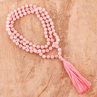 Rose quartz long necklace, 'Contemporary Chic' - Hand Knotted Pink Rose Quartz Long Tassel Necklace