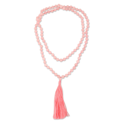 Hand Knotted Pink Rose Quartz Long Tassel Necklace