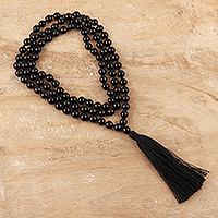 Onyx long necklace, 'Contemporary Chic' - Hand Knotted Black Onyx Long Tassel Necklace