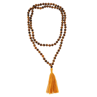 Tiger's eye long necklace, 'Contemporary Chic' - Hand Knotted Tiger's Eye Long Tassel Necklace