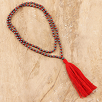 Hematite long pendant necklace, 'Red Tassel Trends' - Long Beaded Hematite Red Tassel Necklace from India