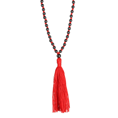 Long Beaded Hematite Red Tassel Necklace from India