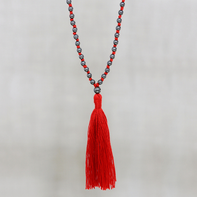 Hematite long pendant necklace, 'Red Tassel Trends' - Long Beaded Hematite Red Tassel Necklace from India