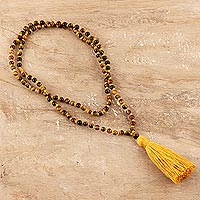 Tiger's eye long pendant necklace, 'Yellow Tassel Trends' - Long Beaded Tiger's Eye Tassel Necklace from India