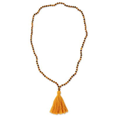 Tiger's eye long pendant necklace, 'Yellow Tassel Trends' - Long Beaded Tiger's Eye Tassel Necklace from India