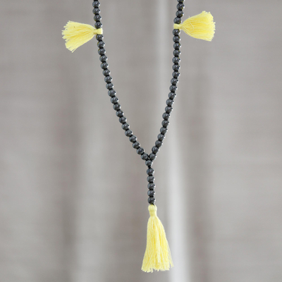 Hematite long Y-necklace, 'Flirty Tassels' - Hematite Long Y-Necklace with 5 Yellow Tassels