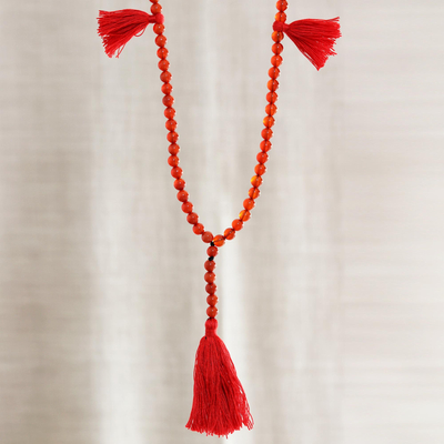 Carnelian long Y-necklace, 'Flirty Tassels' - Carnelian Long Y-Necklace with 5 Red Tassels