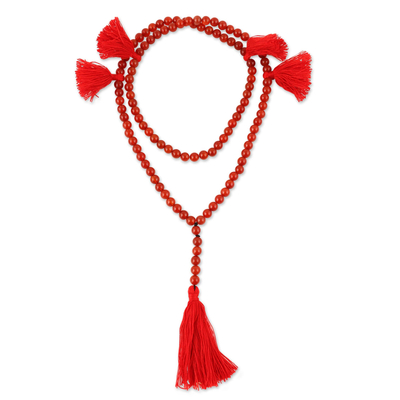 Carnelian Long Y-Necklace with 5 Red Tassels