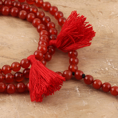 Carnelian Long Y-Necklace with 5 Red Tassels - Flirty Tassels
