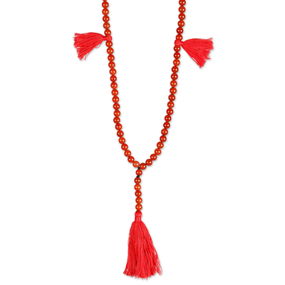 Karneolisches langes Y-Collier, 'Flirty Quasten - Karneol-Langes Y-Halsband mit 5 roten Quasten