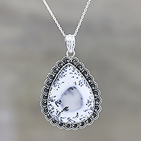 Dendritic opal pendant necklace, 'Gathering Storm' - Dendritic Opal and Sterling Silver Pendant Necklace