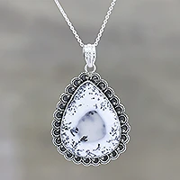 Dendritic opal pendant necklace, 'Gathering Storm' - Dendritic Opal and Sterling Silver Pendant Necklace