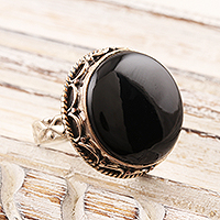 Onyx cocktail ring, 'Black Mirror' - Black Onyx Sterling Silver Cocktail Ring from India