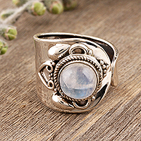 Rainbow moonstone cocktail ring, 'Mirror Image' - Wide Sterling Silver Cocktail Ring with Rainbow Moonstone