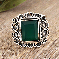 Onyx cocktail ring, 'Green Depths' - Ornate Green Onyx and Sterling Silver Cocktail Ring