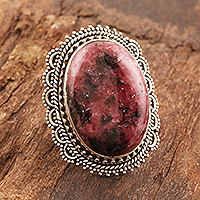 Rhodonite cocktail ring, 'Roses and Lace'