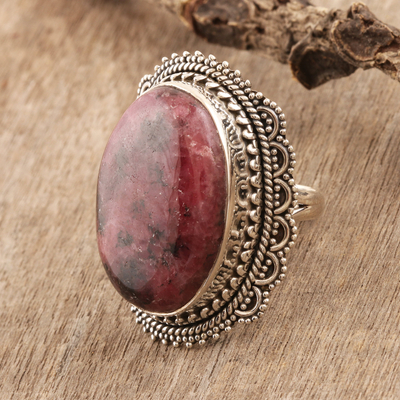 Rhodonite cocktail ring, 'Roses and Lace' - Lacy Rhodonite and Sterling Silver Cocktail Ring