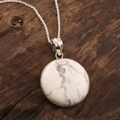 Howlite pendant necklace, 'White Planet' - Howlite Cabochon Pendant Necklace from India
