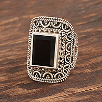 Onyx cocktail ring, 'Glorious Midnight' - Ornate Sterling Silver and Onyx Cocktail Ring