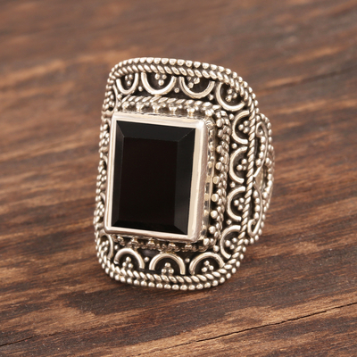 Onyx cocktail ring, 'Glorious Midnight' - Ornate Sterling Silver and Onyx Cocktail Ring