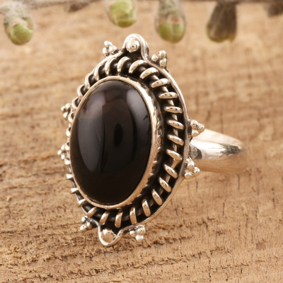 Onyx cocktail ring, 'Rapt' - Onyx Cabochon Cocktail Ring from India