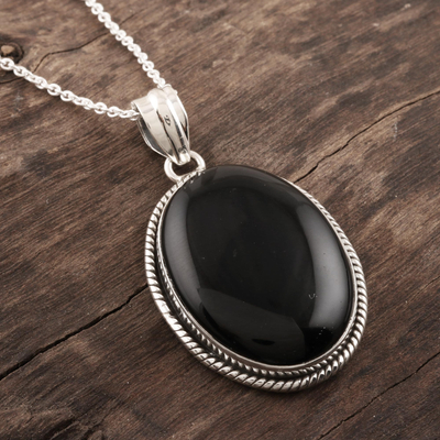 Onyx pendant necklace, 'Mysterious Night' - Black Onyx Cabochon Pendant Necklace